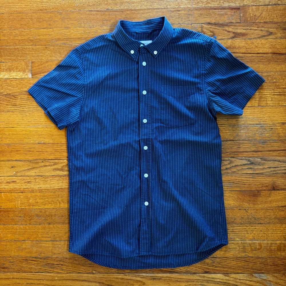 Saturdays New York City Mens Navy Dashed Stripe Cotton‎ Short Sleeve Shirt M